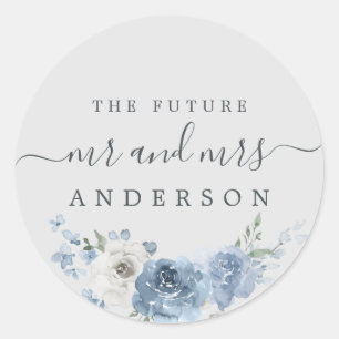Sticker Rond Chic Script Future M. Mme Dusty Blue Floral Grey