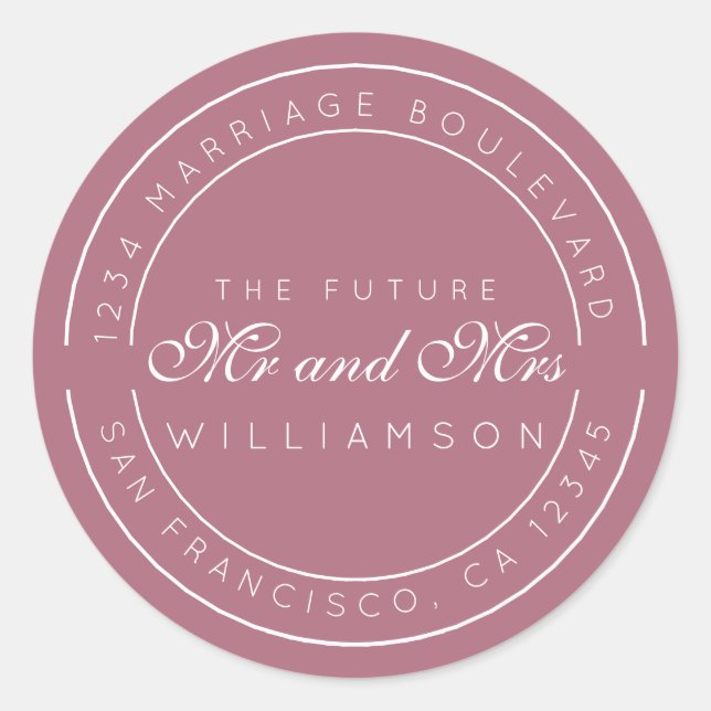 Sticker Rond Chic Script Future M. Mme Mariage Adresse de retou (Devant)
