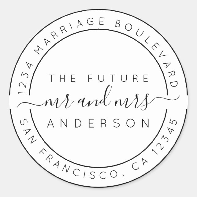 Sticker Rond Chic Script Future M. Mme Mariage Adresse de retou (Devant)