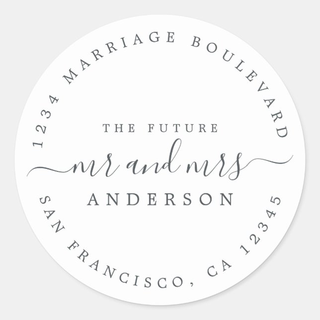 Sticker Rond Chic Script Future M. Mme Mariage Adresse de retou (Devant)