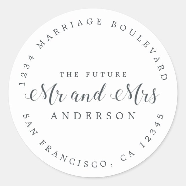 Sticker Rond Chic Script Future M. Mme Mariage Adresse de retou (Devant)