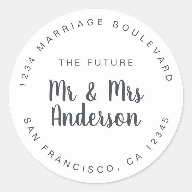 Sticker Rond Chic Script Future M. Mme Mariage Adresse de retou (Devant)