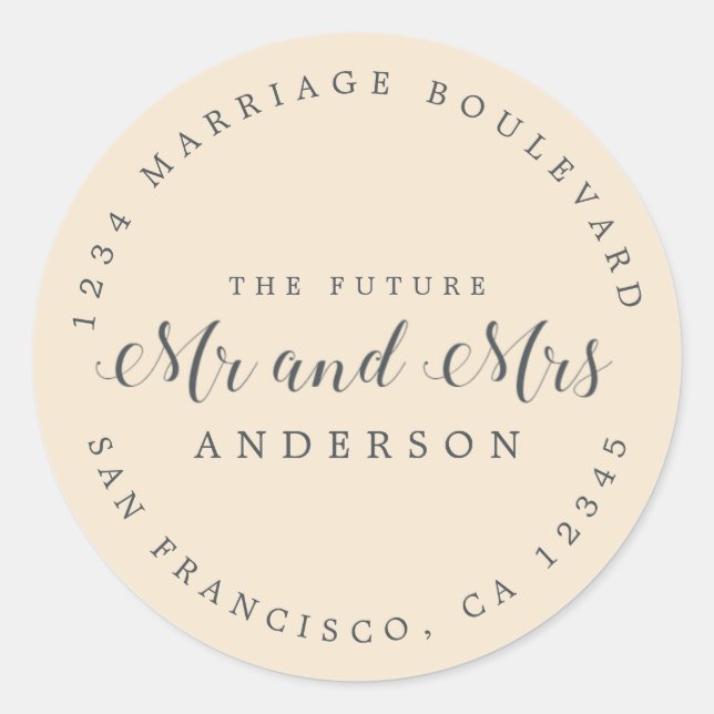 Sticker Rond Chic Script Future M. Mme Mariage Adresse de retou (Devant)
