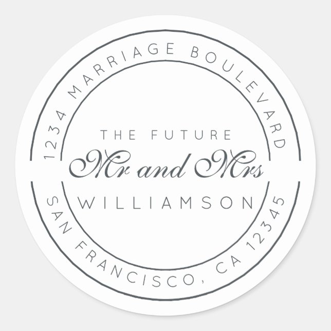 Sticker Rond Chic Script Future M. Mme Mariage Adresse de retou (Devant)