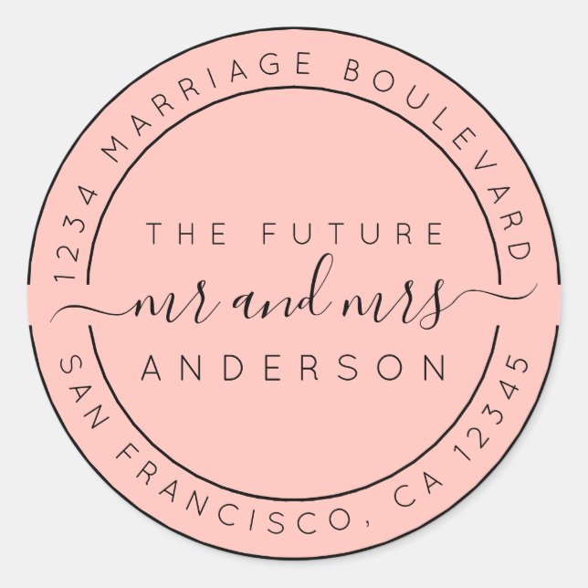 Sticker Rond Chic Script Future M. Mme Retour Adresse Rose (Devant)
