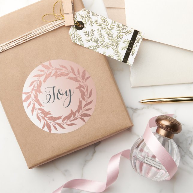 Sticker Rond Chic Script Joie Rose Gold Wreath Christmas Pink (Cadeaux)