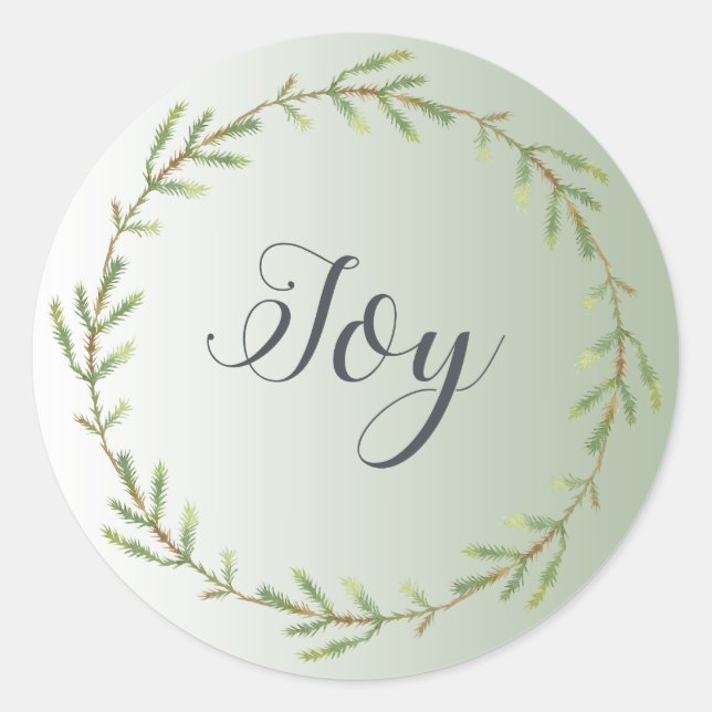 Sticker Rond Chic Script Joy Foliage Wreath Green Christmas (Devant)