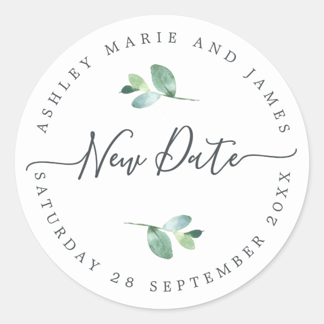 Sticker Rond Chic Script Nouveau Date Reportée Mariage Étiquett (Devant)