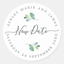 Sticker Rond Chic Script Nouveau Date Reportée Mariage Étiquett