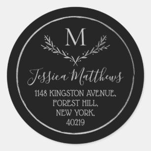 Sticker Rond Chic Silver Foil Wreath Monogramme Adresse de reto