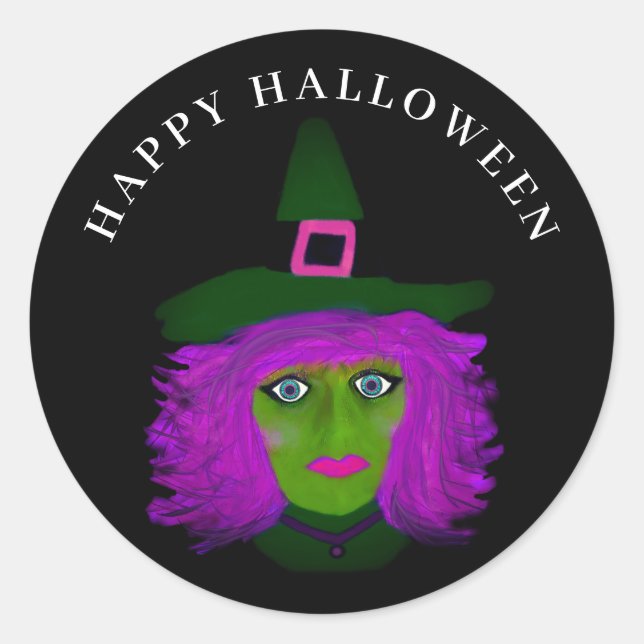 Sticker Rond Chic Sorcière Halloween Noir Violet (Devant)