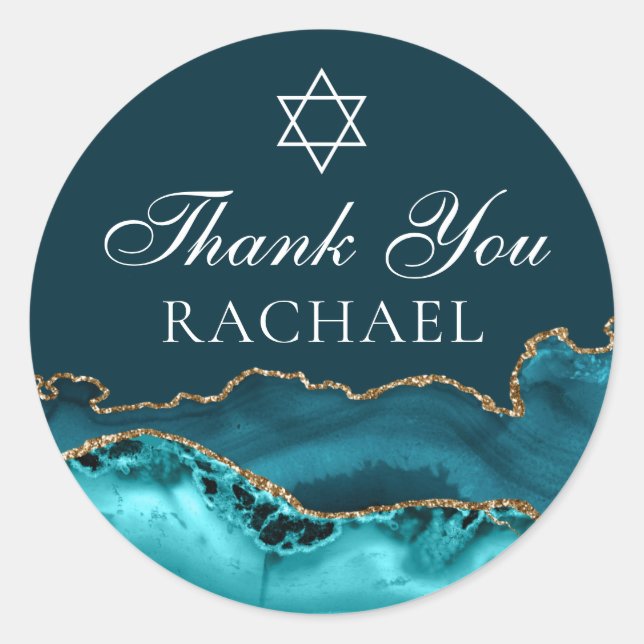 Sticker Rond Chic Turquoise or Personnalisé Bat mitzvah Merci (Devant)