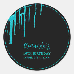 Sticker Rond Chic Turquoise Parties scintillant Drips Sweet 16