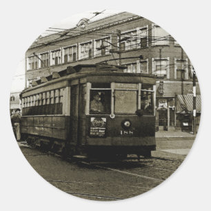 STICKER ROND CHICAGO 63E ET OCCIDENTALE 1952 TROLLEY ART SEPIA