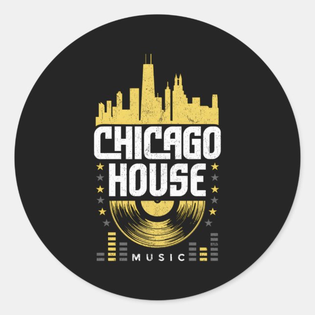 Sticker Rond Chicago House Music Vinyl Dj Raver drapeau Skyline (Devant)