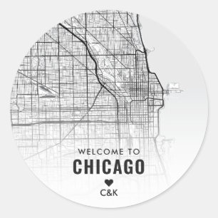 Sticker Rond Chicago, IL City Map Bienvenue Mariage