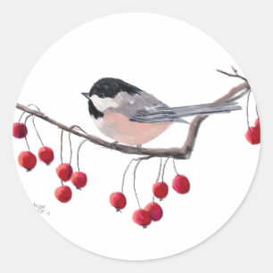 Sticker Rond CHICKADEE & BERRIES ROUGES par SHARON SHARPE
