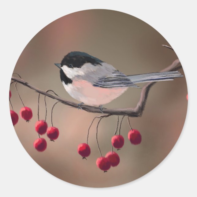 Sticker Rond CHICKADEE & BERRIES ROUGES par SHARON SHARPE (Devant)