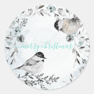Sticker Rond Chickadee Birds d'hiver Dusty Blue Wreath Noël