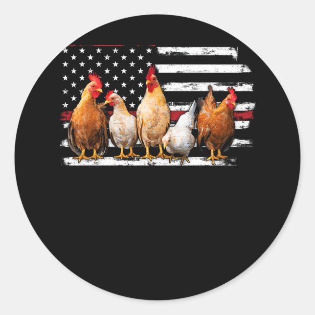 Sticker Rond Chicken Farmer Cool USA Drapeau Indépendance Volai (Devant)