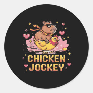 Sticker Rond Chicken Jockey Capybara équitation Pixel Art Gamer