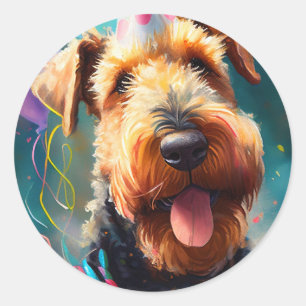 Sticker Rond Chien Airedale avec casquette d'anniversaire et ba