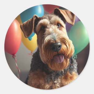 Sticker Rond Chien Airedale avec gâteau et ballons