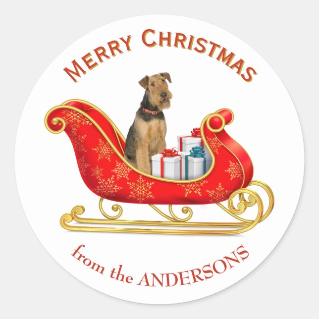 Sticker Rond Chien Airedale Terrier au traîneau de Noël (Devant)