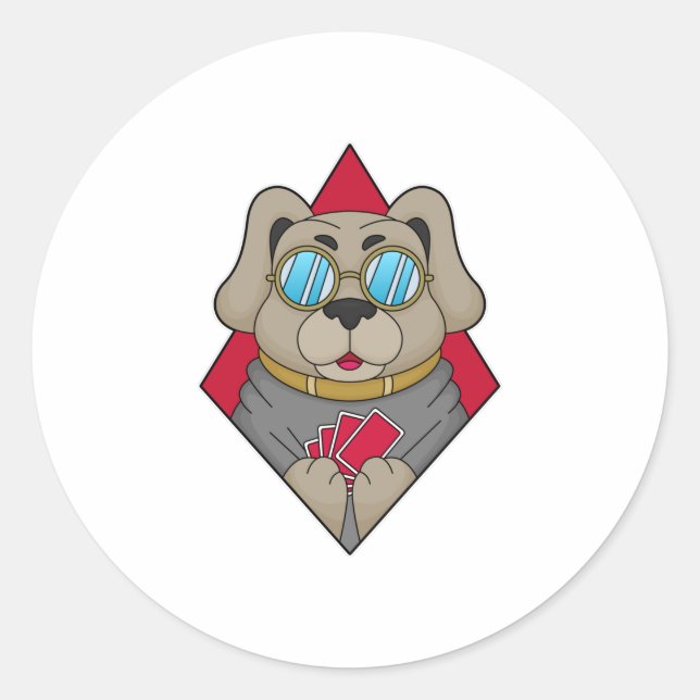 Sticker Rond Chien au Poker avec cartes de Poker (Devant)