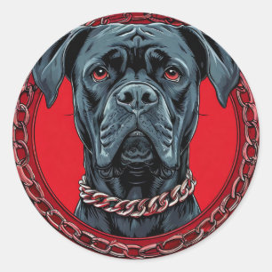 Sticker Rond Chien avec Collier à Chaîne et Fond Audacieux