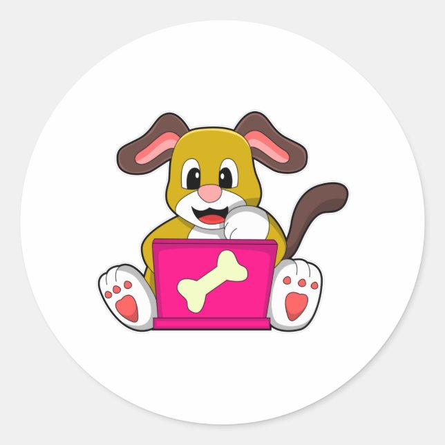 Sticker Rond Chien avec ordinateur portable (Devant)