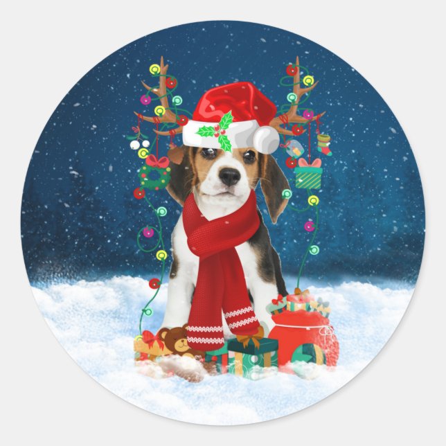 Sticker Rond Chien beagle avec cadeaux de Noël (Devant)