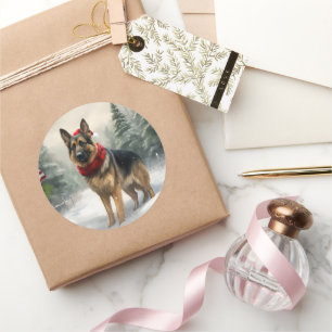 Sticker Rond Chien berger allemand dans la neige de Noël