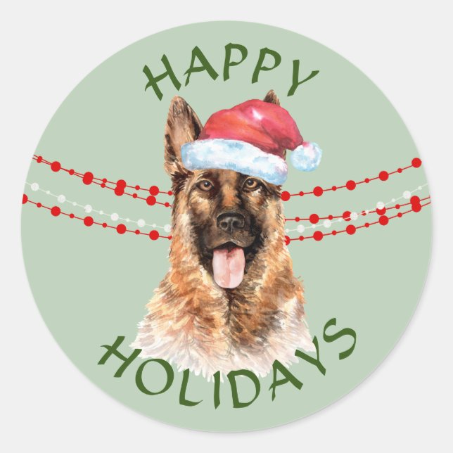 Sticker Rond Chien berger allemand Santa Hat Joyeuses Fêtes (Devant)
