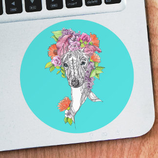 Sticker Rond Chien blanc laiton italien tirant des fleurs art