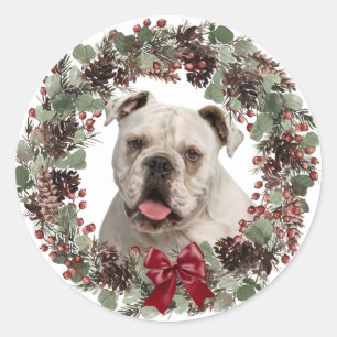 Sticker Rond Chien blanc Pinecone Wreath Noël
