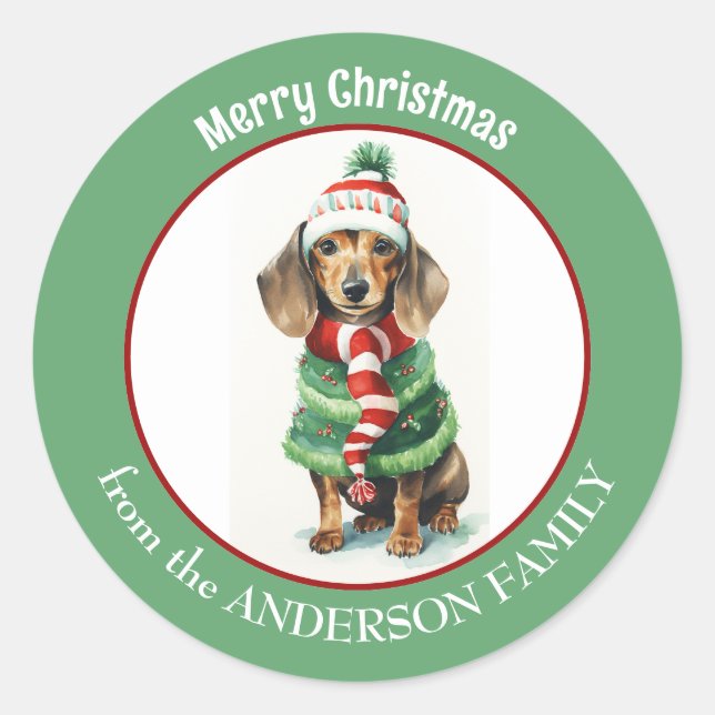 Sticker Rond Chien Brown Dachshund en vêtements d'hiver Noël (Devant)