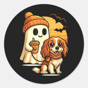 Sticker Rond Chien Cavalier King Charles fantôme drôle qui marc