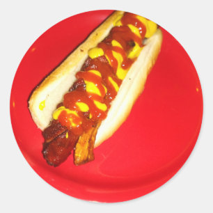 Sticker Rond Chien chaud avec Ketchup et moutarde