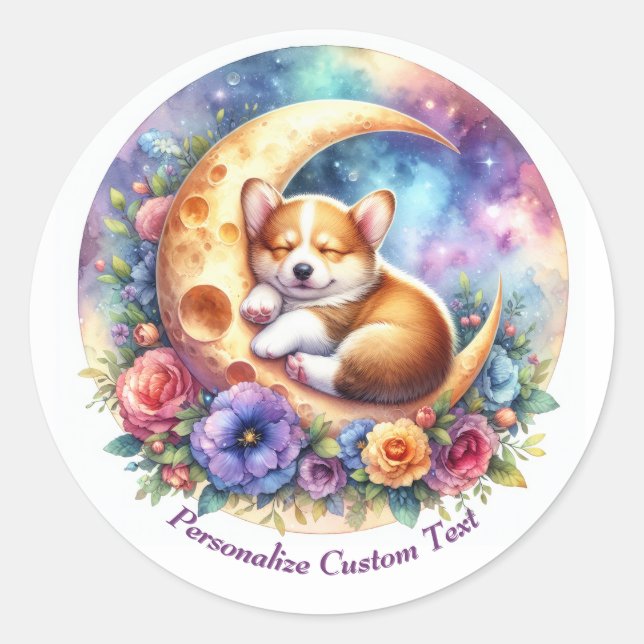 Sticker Rond Chien chicot mignon dormant sur la demi-lune (Devant)