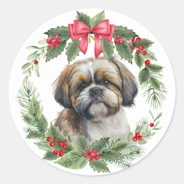 Sticker Rond Chien Chien Chien Chien Rouge Bow Holly Wreath (Devant)
