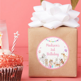 Sticker Rond Chien Chien rose Fille Paw-ty Anniversaire