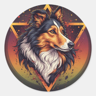 Sticker Rond Chien Collie avec un arrière-plan géométrique vibr