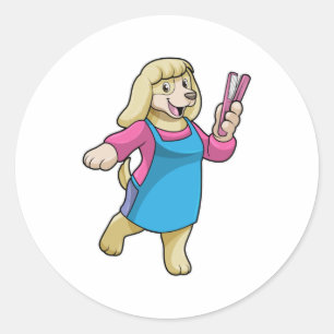 Sticker Rond Chien comme coiffeur avec peigne