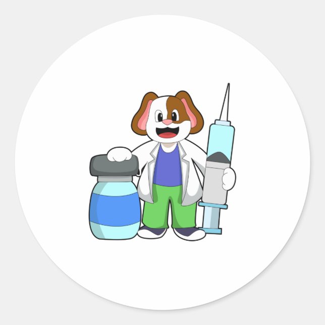 Sticker Rond Chien comme docteur avec seringue (Devant)