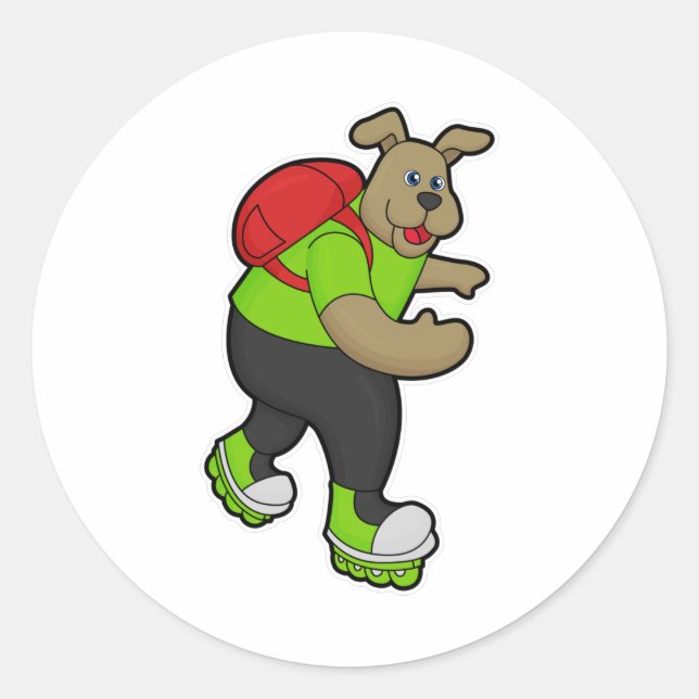 Sticker Rond Chien comme patineur avec Patins en ligne et sac à (Devant)