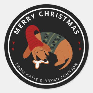 Sticker Rond Chien couché de Noël mignon personnalisable