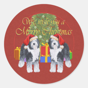 Sticker Rond Chien de berger anglais ancien Noël