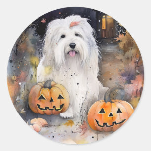 Sticker Rond Chien de berger anglais Halloween avec citrouilles