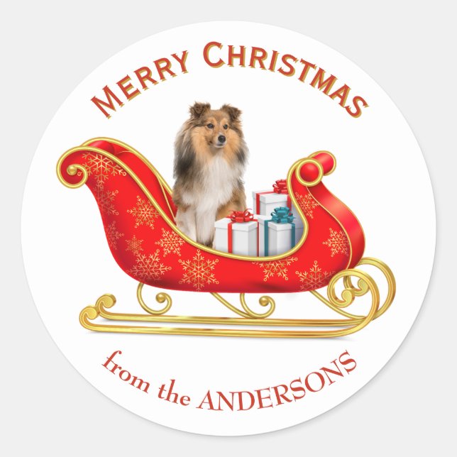 Sticker Rond Chien de berger des Shetland traîneau de Noël (Devant)